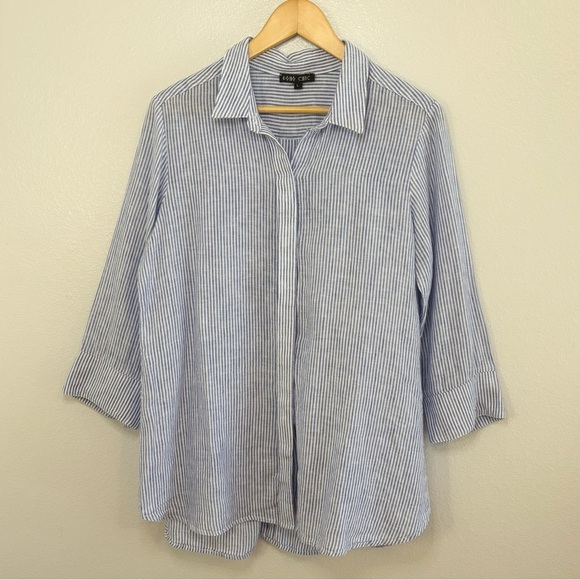 Boho Chic 100% Linen Blue White Striped Button-Back Shirt Top Size Large - Picture 3 of 10